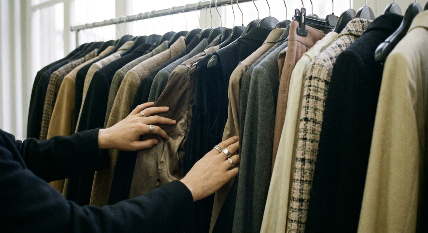 Hands flipping through a packed rack of archive designer clothing