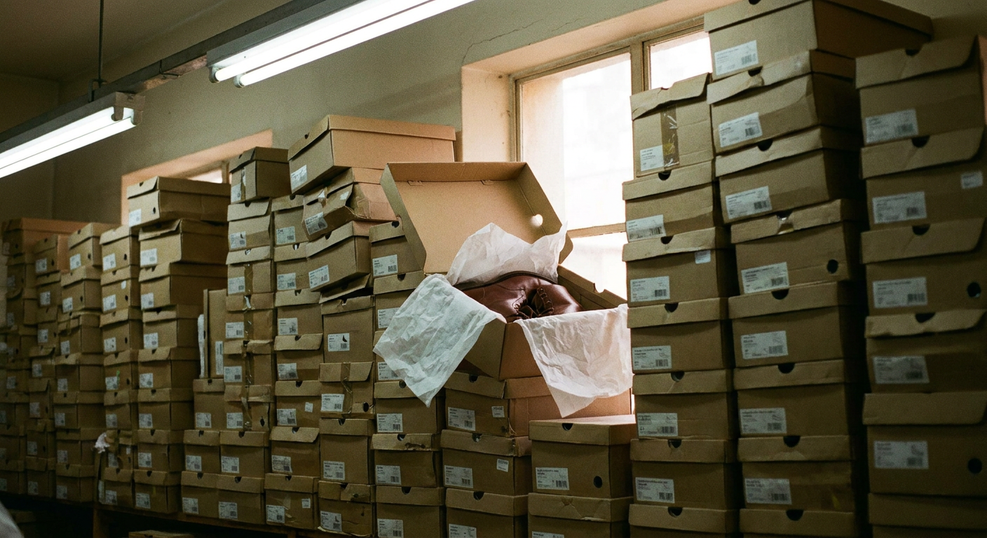 A stockroom wall of stacked shoeboxes